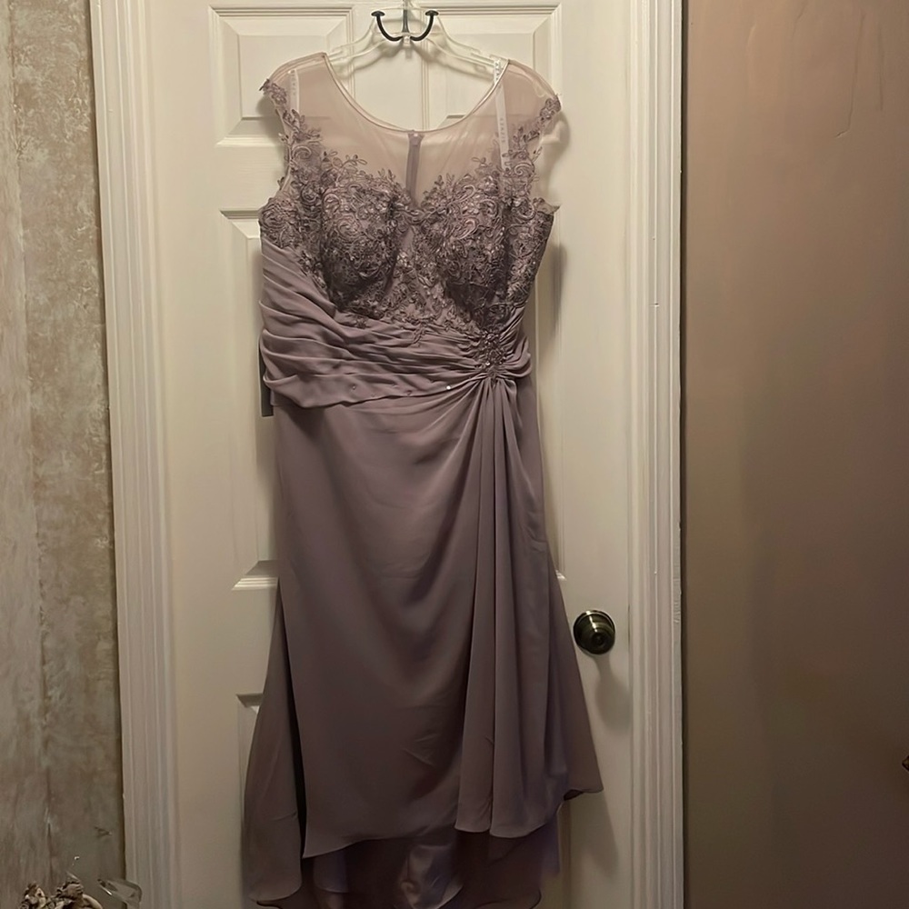 Azazie dress color is dusk(pic#1) lace bust gathered waist high/low hem lined - Picture 4 of 16